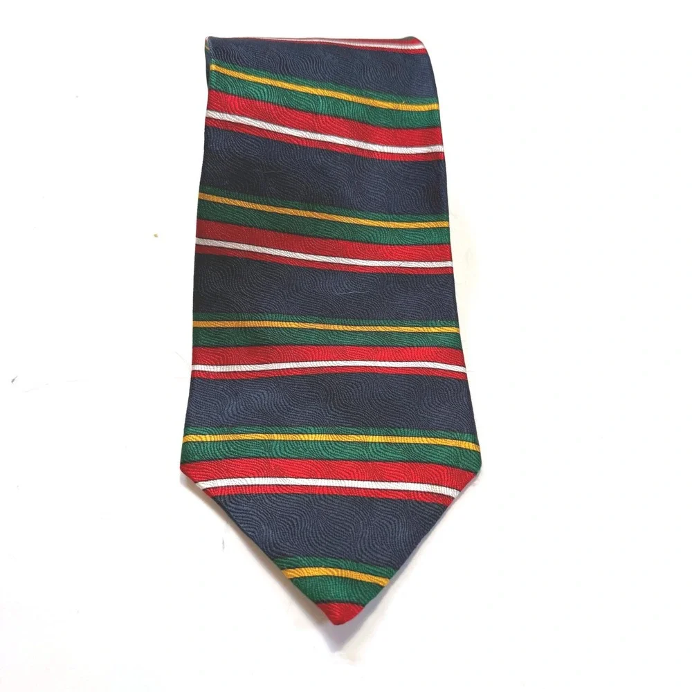 Evan-Picone Mens Silk Tie Navy Green Red Gold Horizontal Stripe Textured Weave